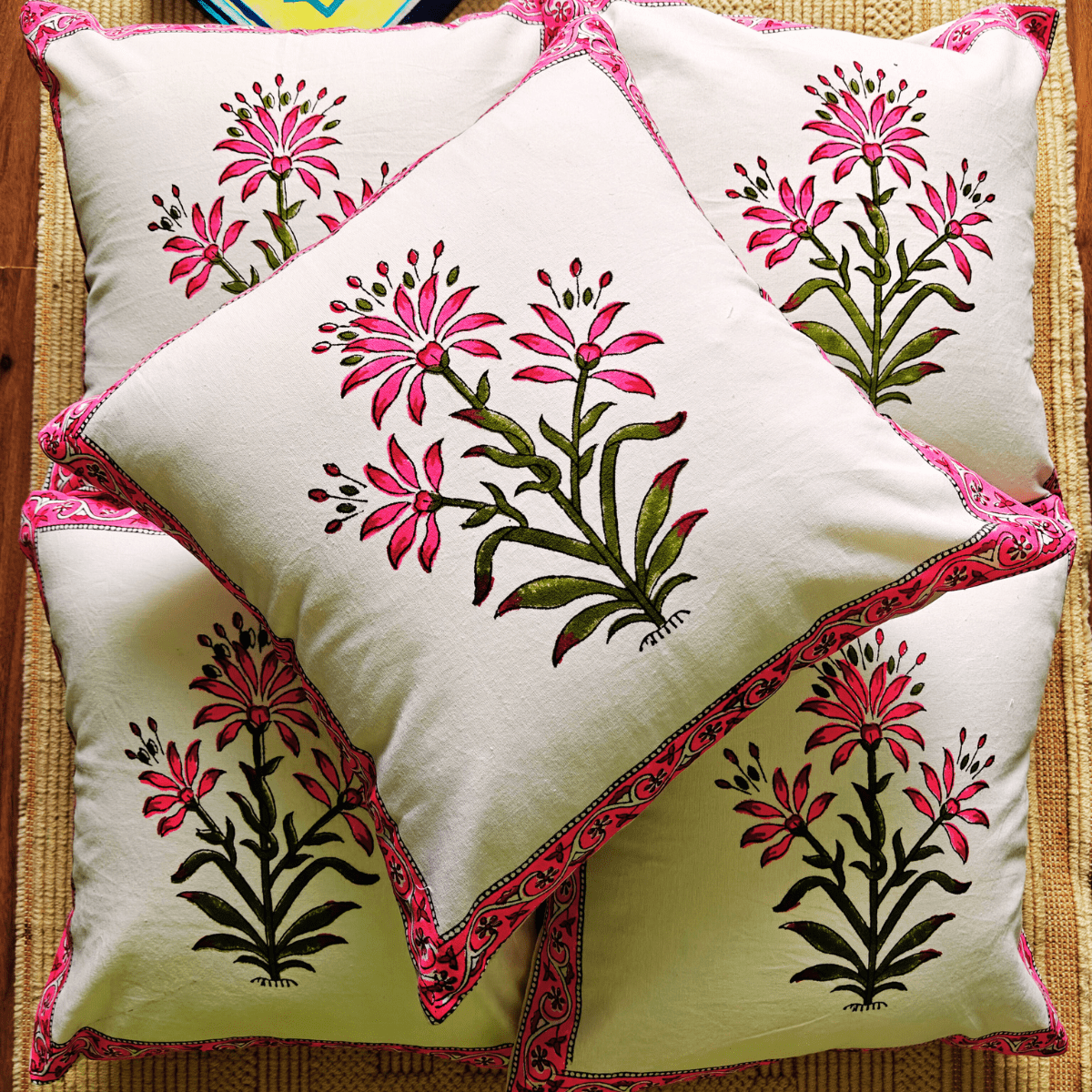 Roohi Hand Block Printed Cushion Covers, 16" x 16", Pack of 5 - Coral Slub -